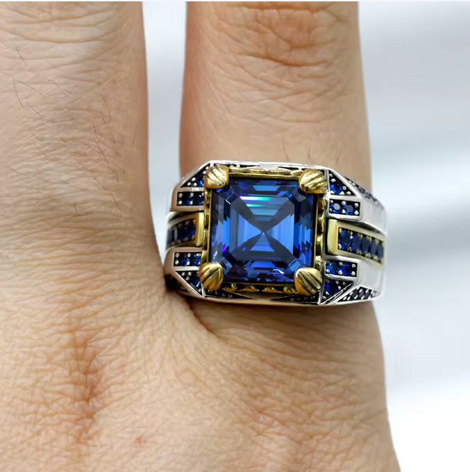 Sterling Silver Square Men Ring with Faceted Blue Zircon Fashion