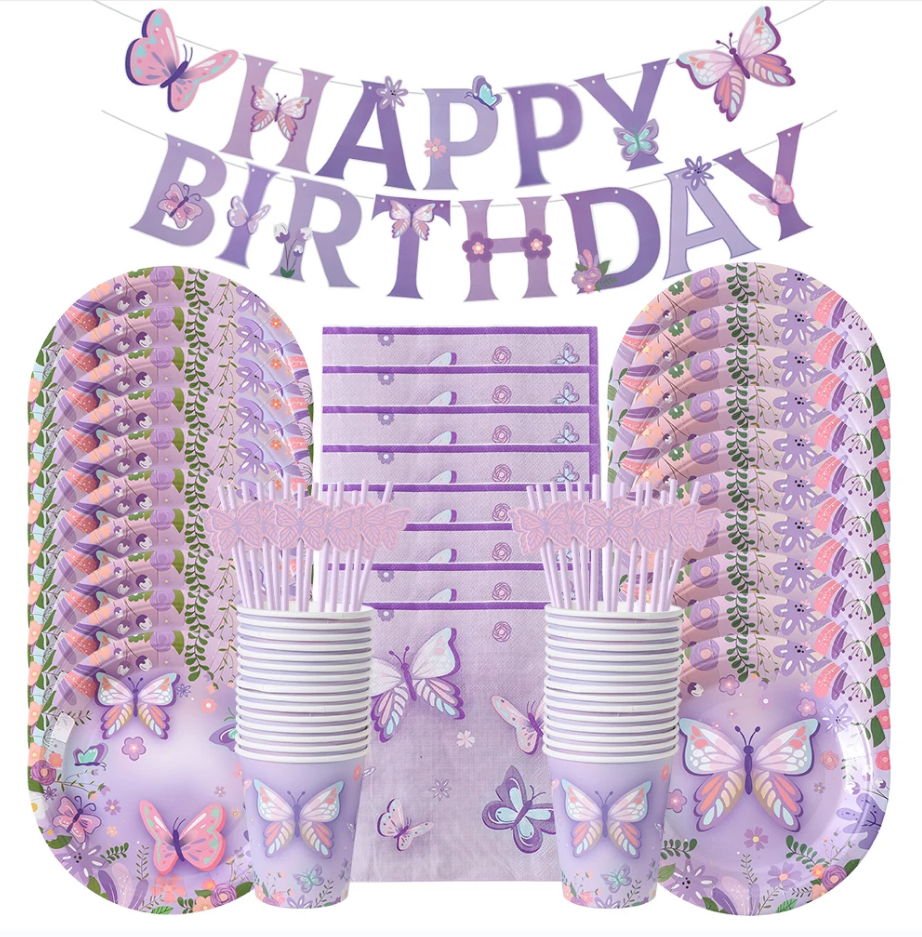 Butterfly Birthday Party Decor Pink Purple Disposable Tableware