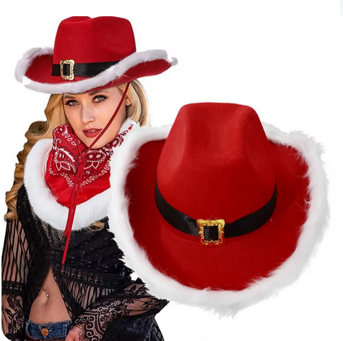 Christmas Party Cowboy Hat Winter Red Felt Feather Hats Adjustable Belts Santa Claus