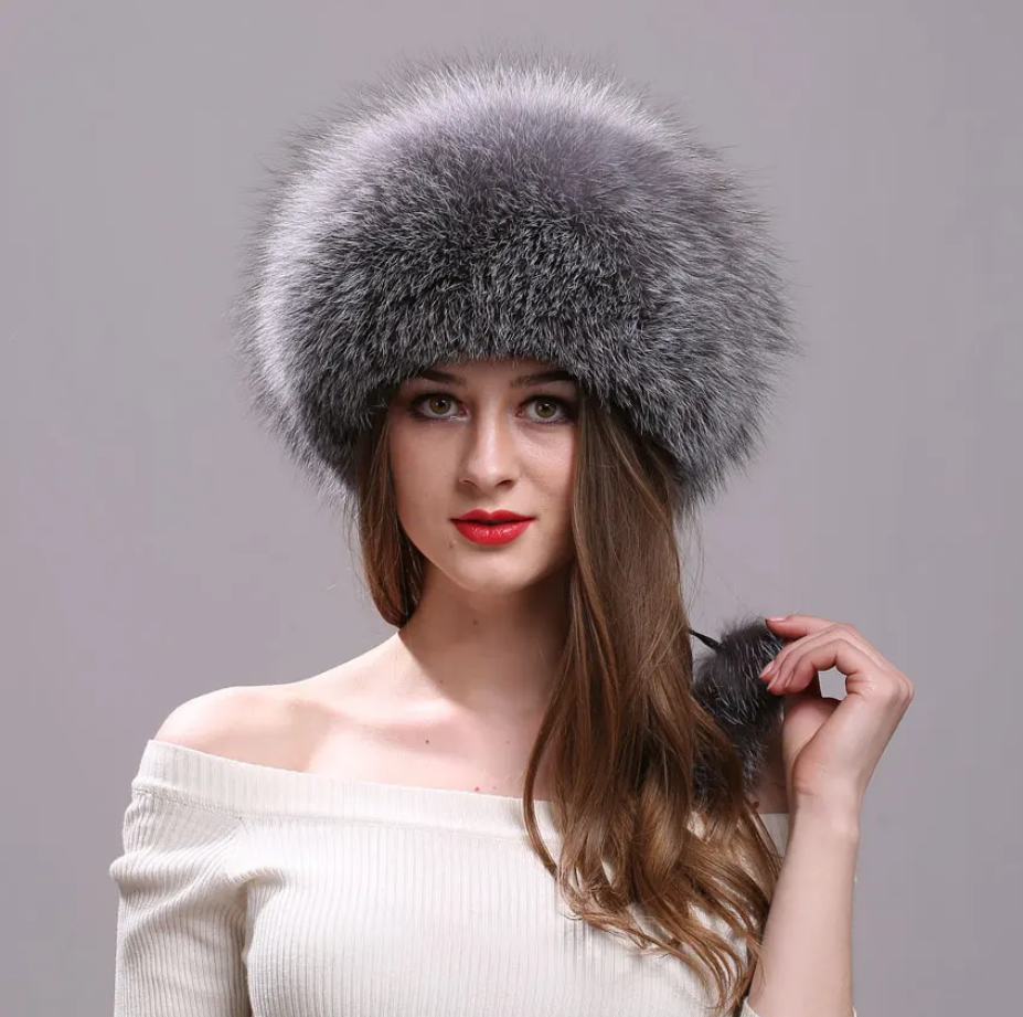 Real Fox Fur Hat for Women with Leather Top Mongolian Princess Hat