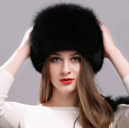 Real Fox Fur Hat for Women with Leather Top Mongolian Princess Hat