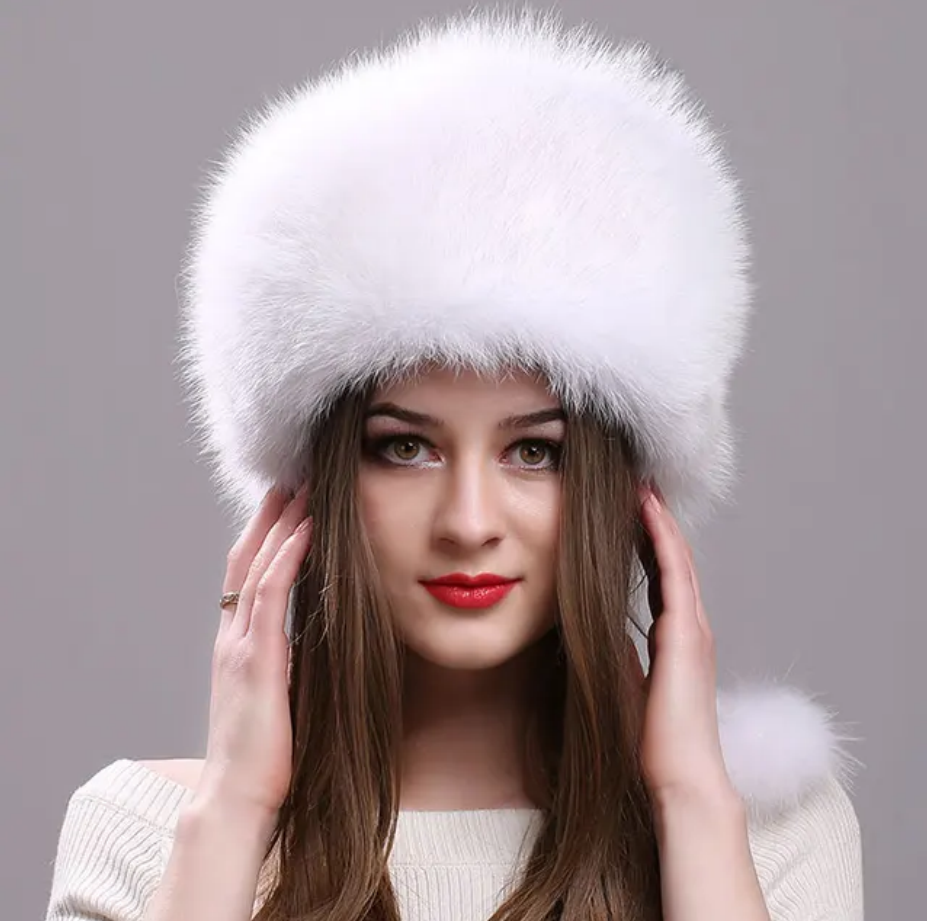 Real Fox Fur Hat for Women with Leather Top Mongolian Princess Hat