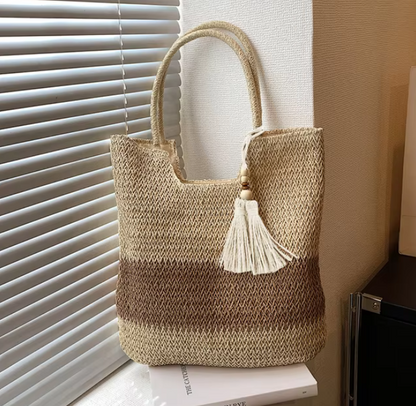 Straw Beach Bag Summer Woven Tote Bag with Tassels Large Shoulder Bag