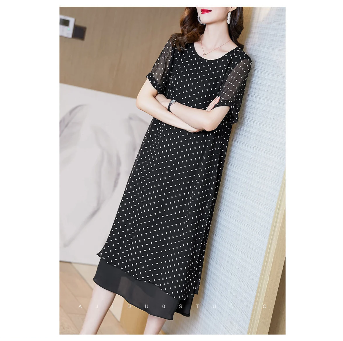 Summer Short Sleeves Covering Belly High End Chiffon Dress