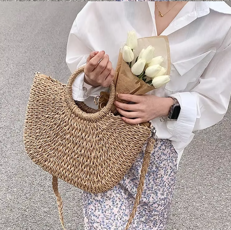 Straw Woven Handbags For Women Handmade Travel Seaside Beach