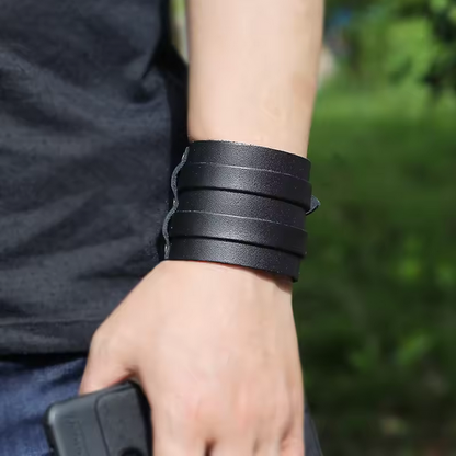 Punk Men Leather Bracelet Double Layer Wide Cowhide Wristband