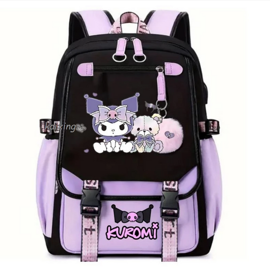 Lovely Kuromi Melody Backpacks USB Cartoon Purple Printed Boy Girls School Bag