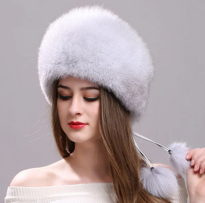 Real Fox Fur Hat for Women with Leather Top Mongolian Princess Hat