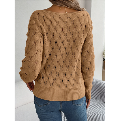 Casual Pink Pullover Women Hollow Out Lantern Sleeve Off Shoulder Sweater