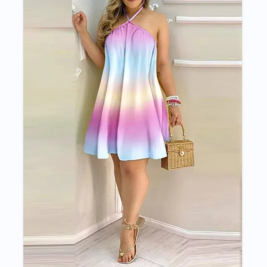 Tropical Print Halter Neck Dress Vacation Style Backless Dress