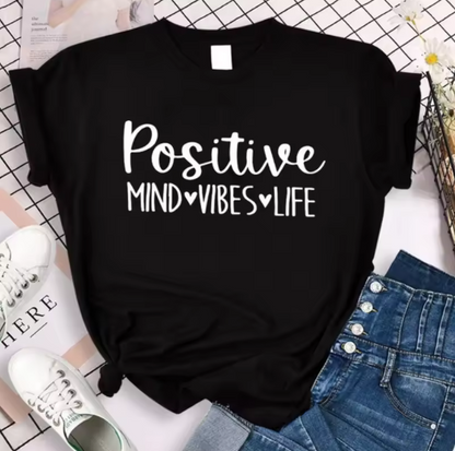 Positive Vibes Letter Print Tshirt Women Casual Loose Fit Short Sleeve Top