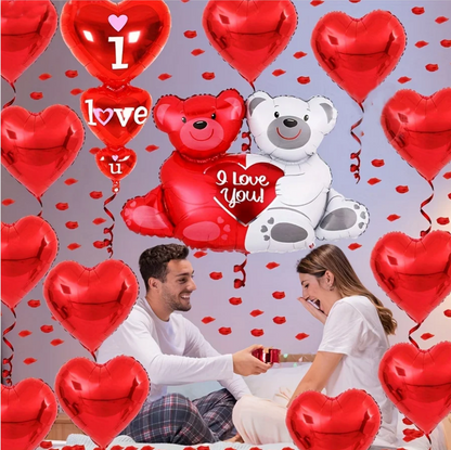 Giant Teddy Bear Balloon Set With 500 Red Rose Petals And Red Heart Shaped Balloons For Romantic Decoration