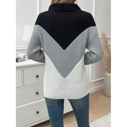 Color Block Knit Pullover Shoulder Zipper HalfBreasted Sweater For Women