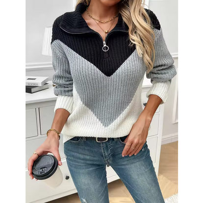 Color Block Knit Pullover Shoulder Zipper HalfBreasted Sweater For Women