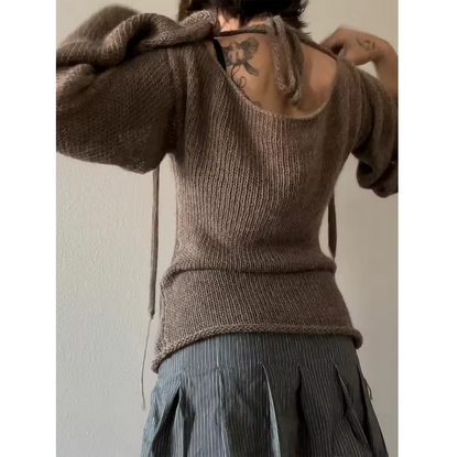 Fashion Women Tie Back Sweater Boat Neck Long Sleeve Knit Pullover