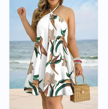 Tropical Print Halter Neck Dress Vacation Style Backless Dress