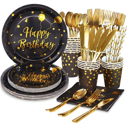 Gold Dot Happy Birthday Party Dinnerware Set Paper Black Paper Plates Napkins Cups