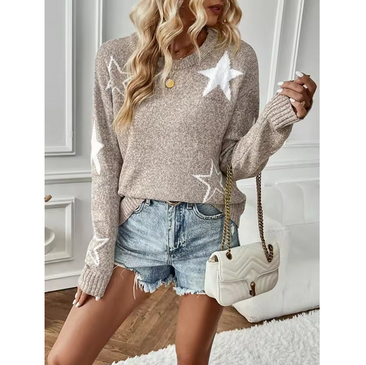 Fashion Women Sweater Round Neck Knit Top with Star Print Design