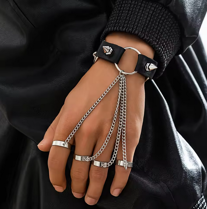 Gothic Rivet Black PU Leather Link Chain Bracelet