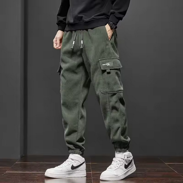 Winter Fleece Sweatpants Men Multi Pockets Thick Warm Knit Cargo Pants Wide Leg