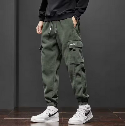 Winter Fleece Sweatpants Men Multi Pockets Thick Warm Knit Cargo Pants Wide Leg