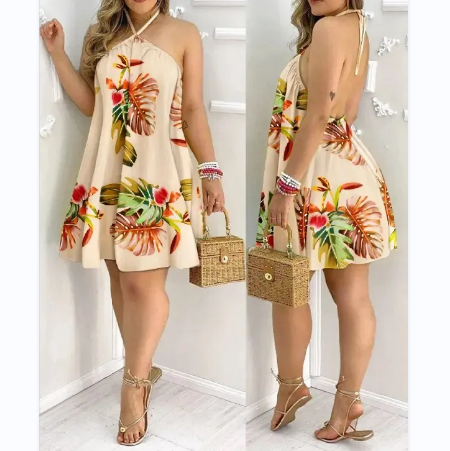 Tropical Print Halter Neck Dress Vacation Style Backless Dress