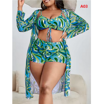 Bikini Printed Swimsuit Women Kimono Drawstring Front Swimwear