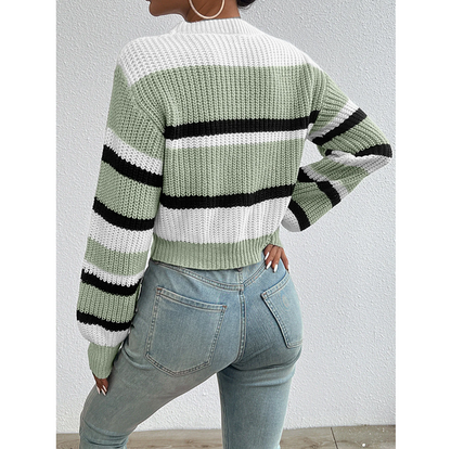 Autumn Winter Color Block Sweater Women Loose Knit Drop Shoulder Pullover