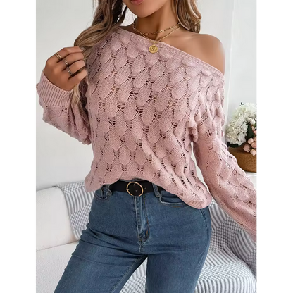 Casual Pink Pullover Women Hollow Out Lantern Sleeve Off Shoulder Sweater