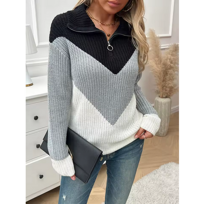 Color Block Knit Pullover Shoulder Zipper HalfBreasted Sweater For Women