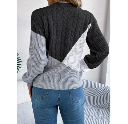 Women Casual Pullover Autumn Winter Patchwork Knitwear With Color Blocking Design