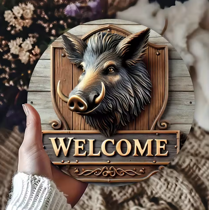 Round Rustic Boar Metal Sign