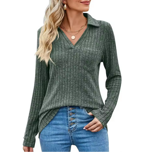 Knitted Polo Collar Top Women Long Sleeve Striped Tshirt