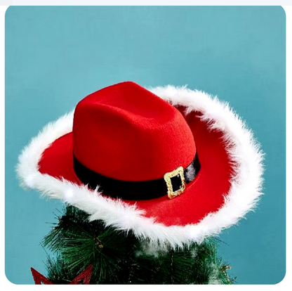 Christmas Party Cowboy Hat Winter Red Felt Feather Hats Adjustable Belts Santa Claus