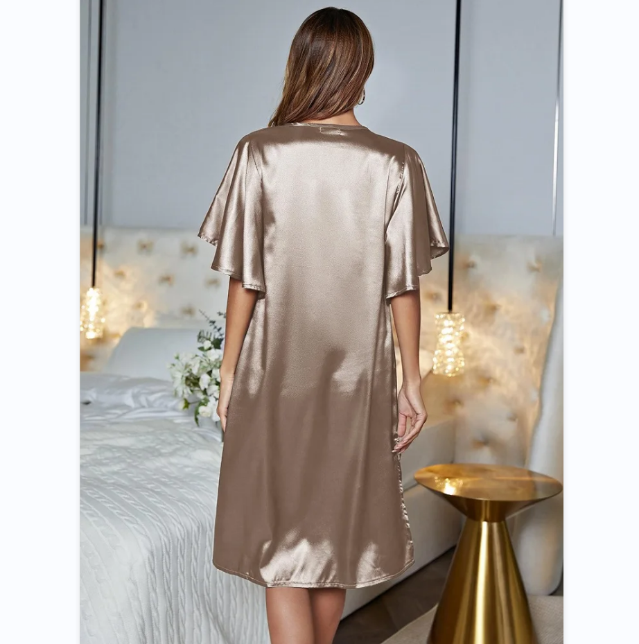 Gold Silk Satin Sleepwear Loose Casual Sexy Home Wear Night Dress Summer