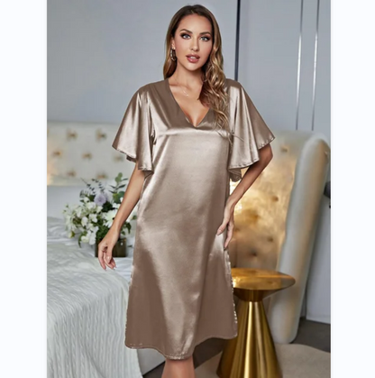 Gold Silk Satin Sleepwear Loose Casual Sexy Home Wear Night Dress Summer