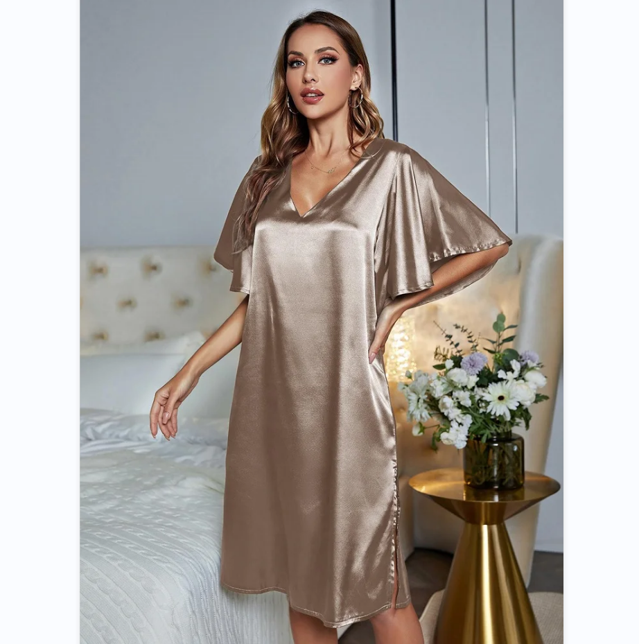 Gold Silk Satin Sleepwear Loose Casual Sexy Home Wear Night Dress Summer