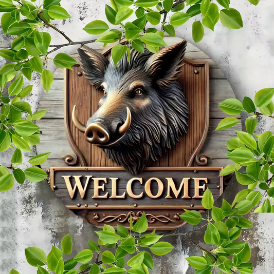 Round Rustic Boar Metal Sign