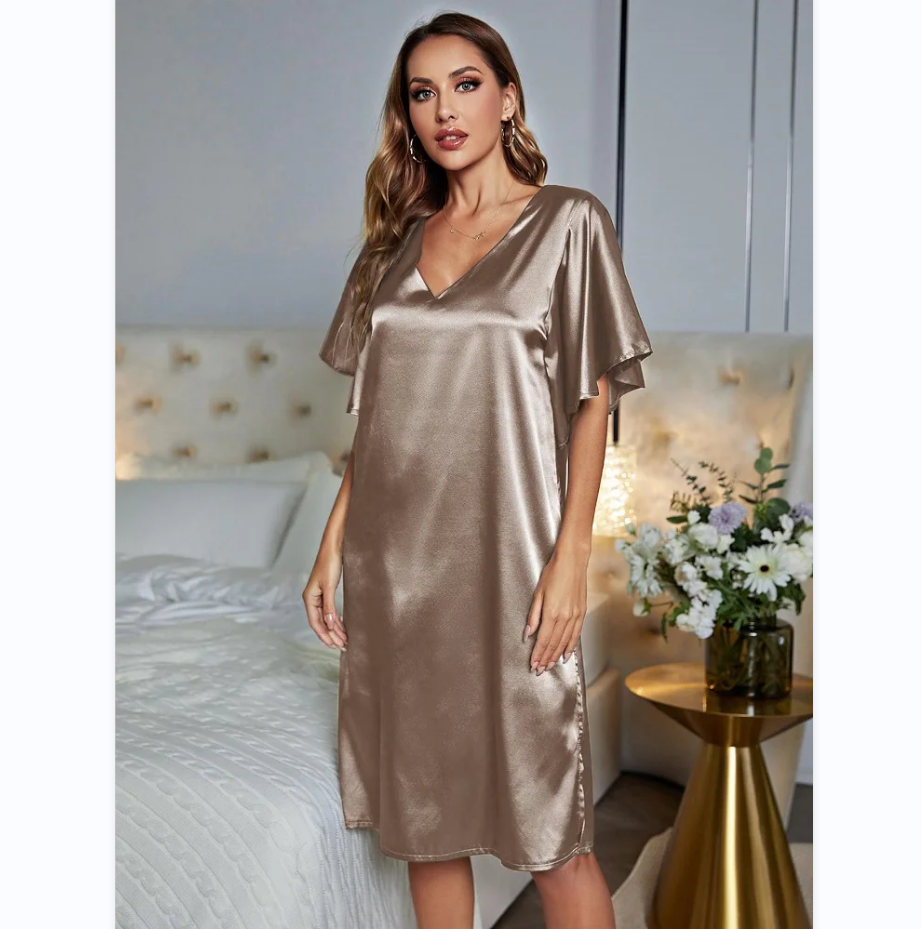 Gold Silk Satin Sleepwear Loose Casual Sexy Home Wear Night Dress Summer