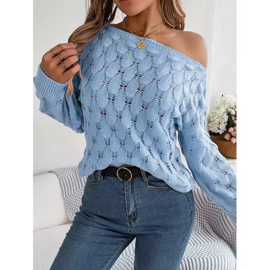 Casual Pink Pullover Women Hollow Out Lantern Sleeve Off Shoulder Sweater