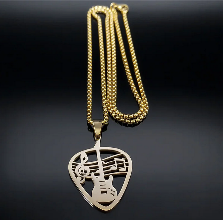 Necklace Music Guitar Pick Pendant Stainless Steel Gold Color