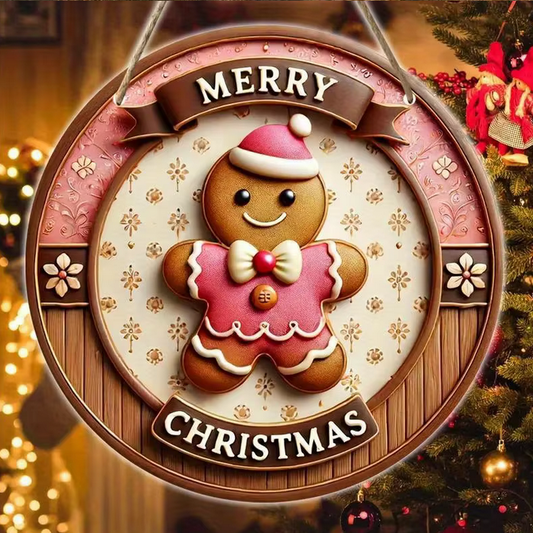 Wooden Merry Christmas Pink Gingerbread Man