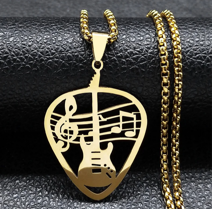 Necklace Music Guitar Pick Pendant Stainless Steel Gold Color