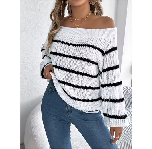 Women Lantern Sleeve Sweater Striped Off Shoulder Knit Top