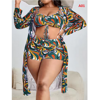 Bikini Printed Swimsuit Women Kimono Drawstring Front Swimwear