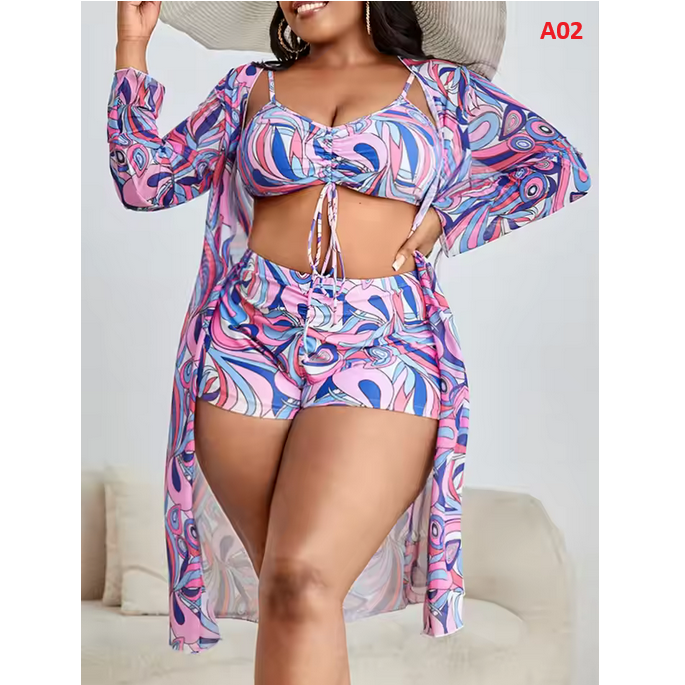 Bikini Printed Swimsuit Women Kimono Drawstring Front Swimwear