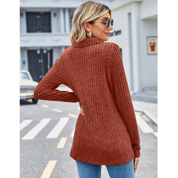 Knitted Polo Collar Top Women Long Sleeve Striped Tshirt