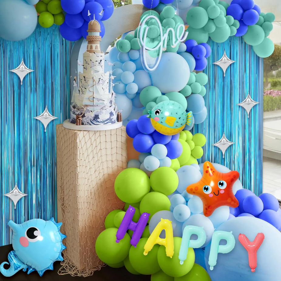 Blue Balloon Arch Tassel Curtains Happy Birthday Ocean Animals