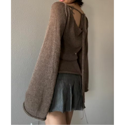 Fashion Women Tie Back Sweater Boat Neck Long Sleeve Knit Pullover