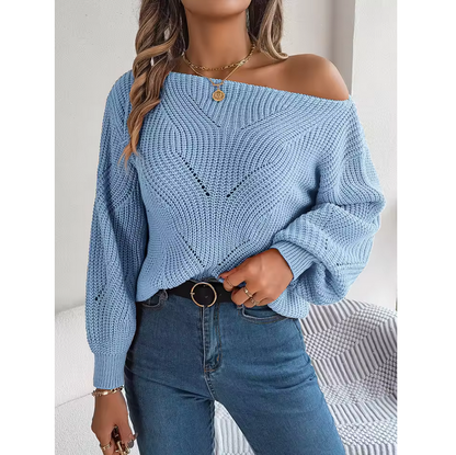 Slash Neck Off Shoulder Sweaters Woman Autumn Winter Lantern Long Sleeve Knitted